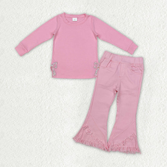 GLP2300 Baby Girls Pink Bows Shirts Boots Jeans Denim Clothes Sets