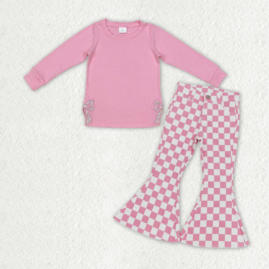 GLP2301 Baby Girls Pink Bows Shirts Checkered Flare Bell Jeans Denim Clothes Sets