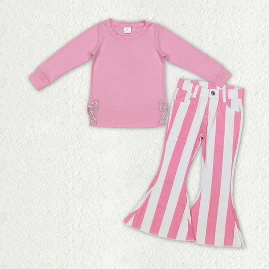 GLP2302 Baby Girls Pink Bows Shirts Stripes Flare Bell Jeans Denim Clothes Sets
