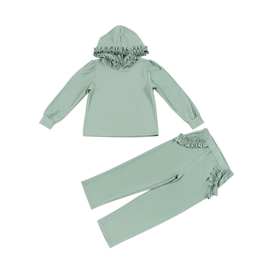 presale GLP2303 Solid Green Lace Hooded Long Sleeve Straight Trousers Set 2024 12.7