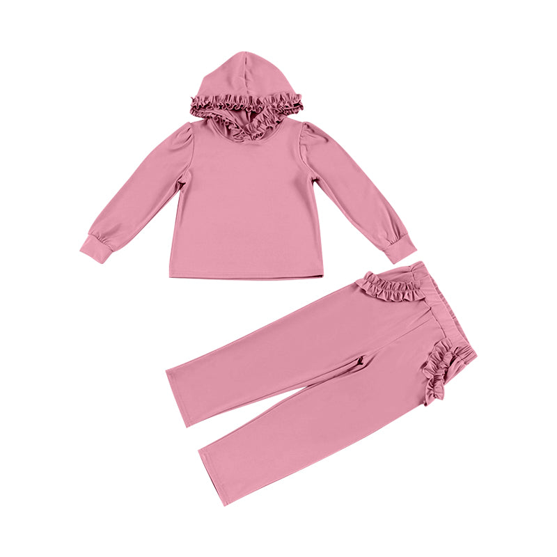 presale GLP2305  Solid Pink Lace Hooded Long Sleeve Straight Trousers Set 2024 12.7