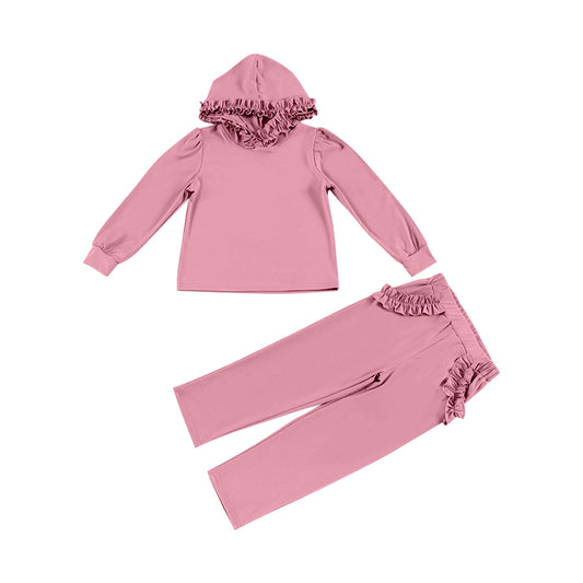 presale GLP2305  Solid Pink Lace Hooded Long Sleeve Straight Trousers Set 2024 12.7