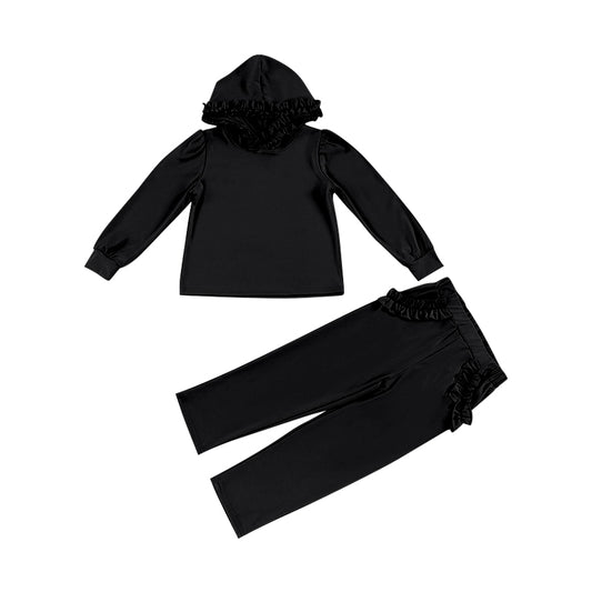 presale GLP2309  Solid Black Lace Hooded Long Sleeve Straight Trousers Set 2024 12.9