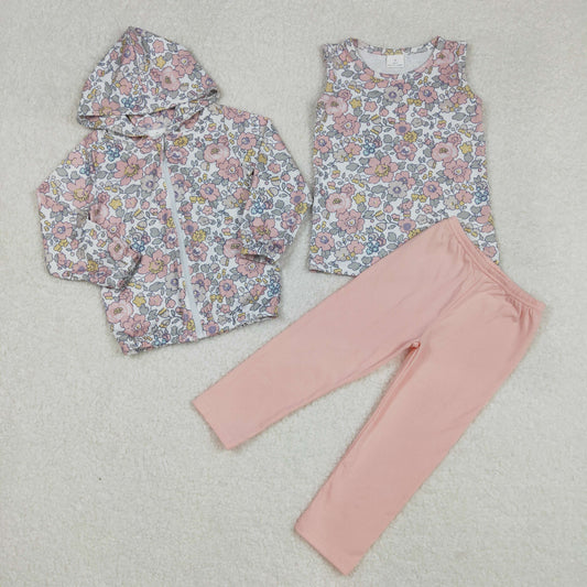 GLP2313 Beige flower and leaf zipper hooded jacket vest pink trousers three-piece suit