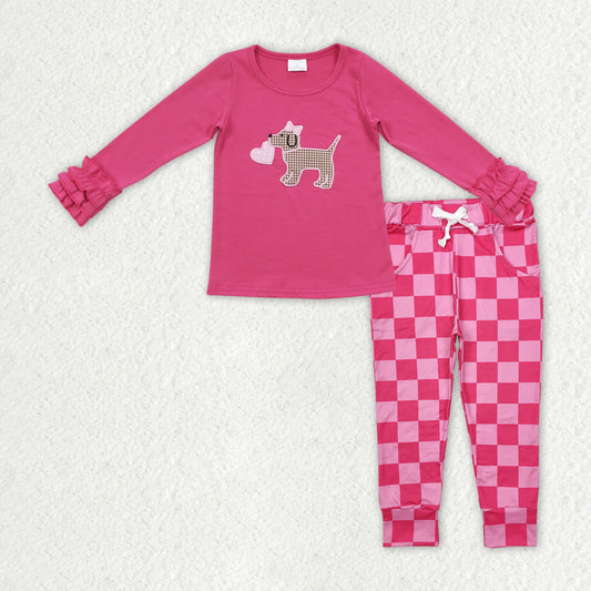 GLP2315 Baby Girls Valentines Dog Heart Top Checkered Pants Clothes Sets