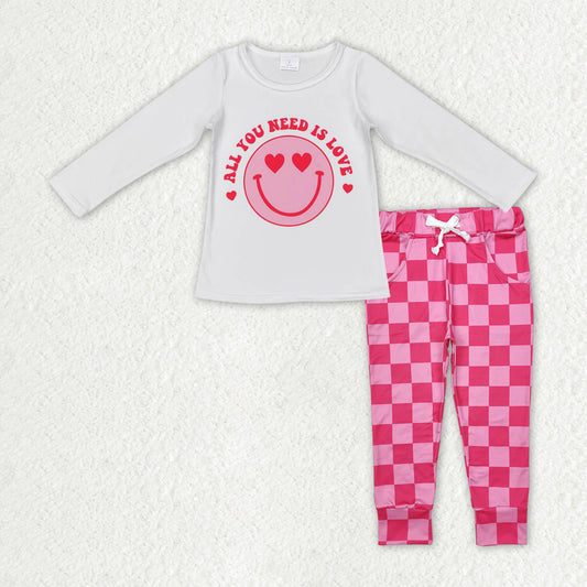 GLP2316 Baby Girls Valentines Smile Hearts Top Checkered Pants Clothes Sets