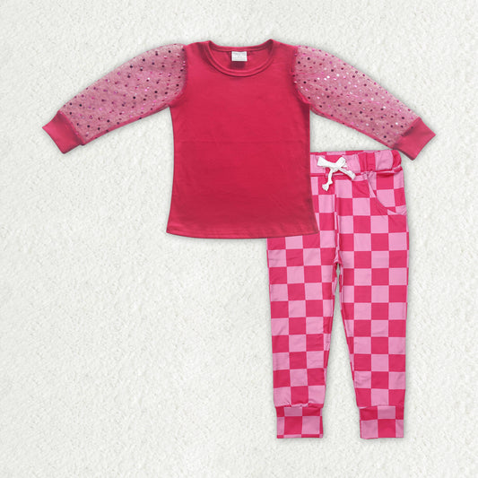 GLP2317 Baby Girls Valentines Dark Pink Top Checkered Pants Clothes Sets