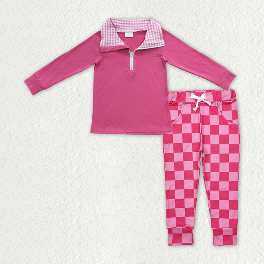 GLP2318 Baby Girls Pink Pullovers Top Checkered Pants Clothes Sets