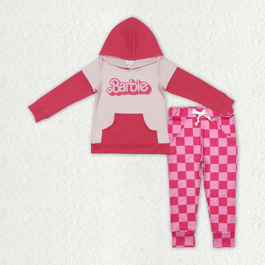 GLP2319 Baby Girls Pink Hooded Top Checkered Pants Clothes Sets