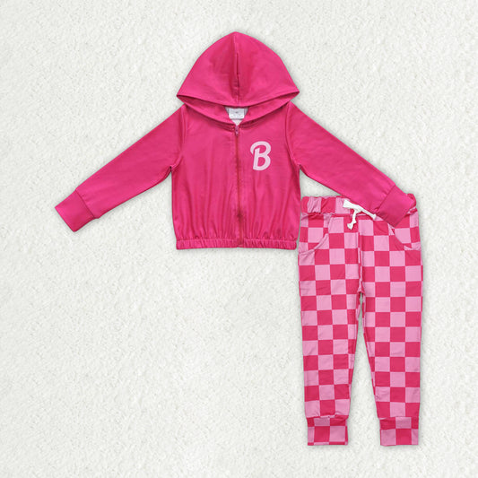 GLP2320 Baby Girls Pink Hooded Zip Jacket Top Checkered Pants Clothes Sets