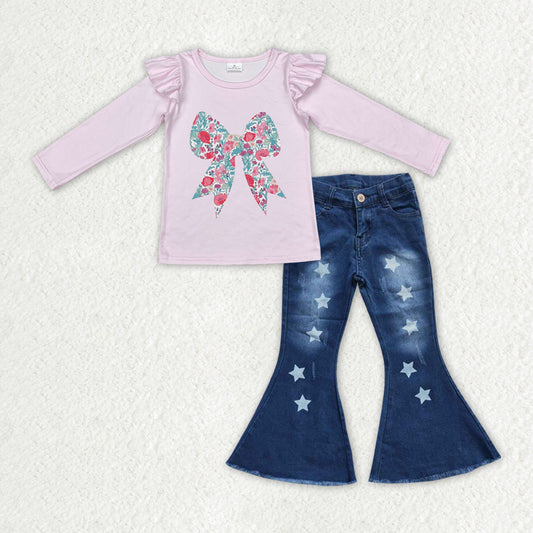 GLP2321 Girls Pink Bow Shirt Stars Denim Jeans Pants Clothes Sets