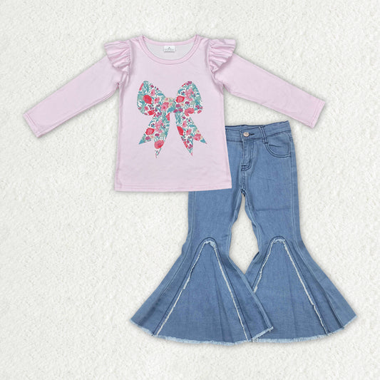 GLP2322 Girls Pink Bow Shirt Denim Jeans Pants Clothes Sets