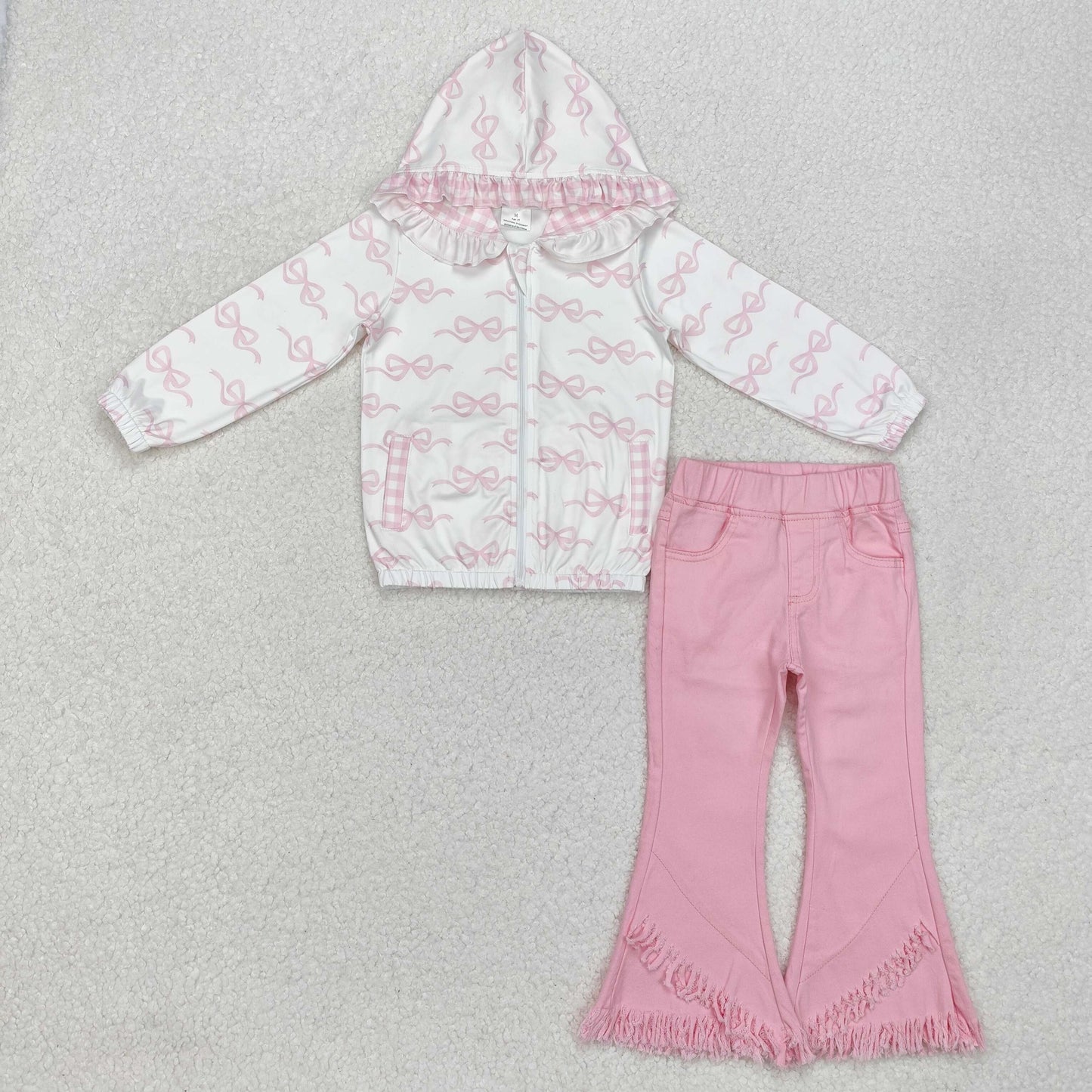 GLP2324 Baby Girls Spring Bows Pink Hooded Zip Pullovers Top Denim Jeans Clothes Sets