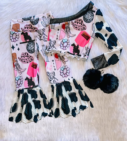 presale GLP2333 Boots Cactus Hat Gemstone One Shoulder Sleeve Cow Print Pants Set   D 2.18