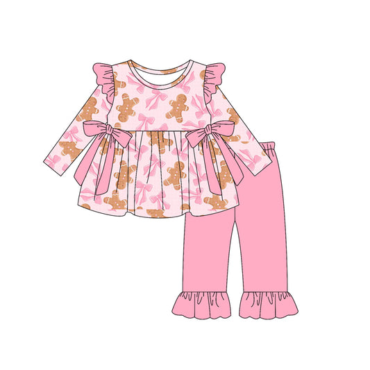 presale GLP2338  Baby Girls Long Sleeves Gingerbread Bows Tunic Ruffle Pant Set  D 5.14