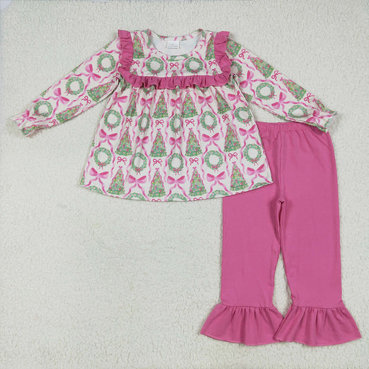 GLP2339 Baby Girls Long Sleeves Trees Bows Tunic Ruffle Pant Set