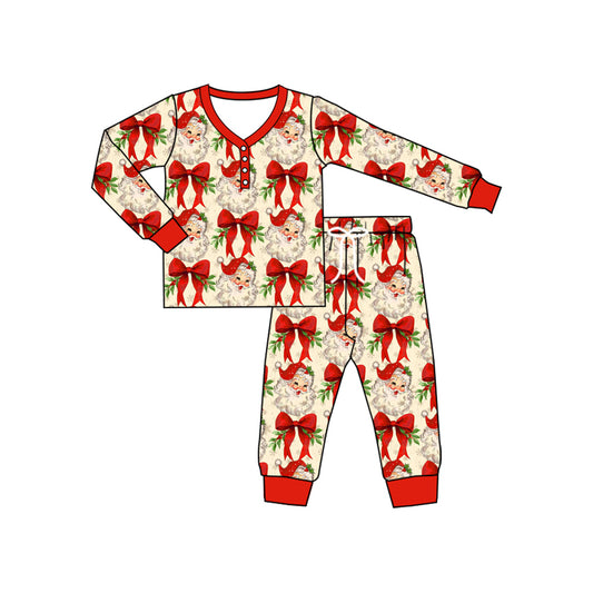 presale GLP2342  Adult Women Long Sleeves Santa Bows Button Top Pant Pajamas Set D 5.14