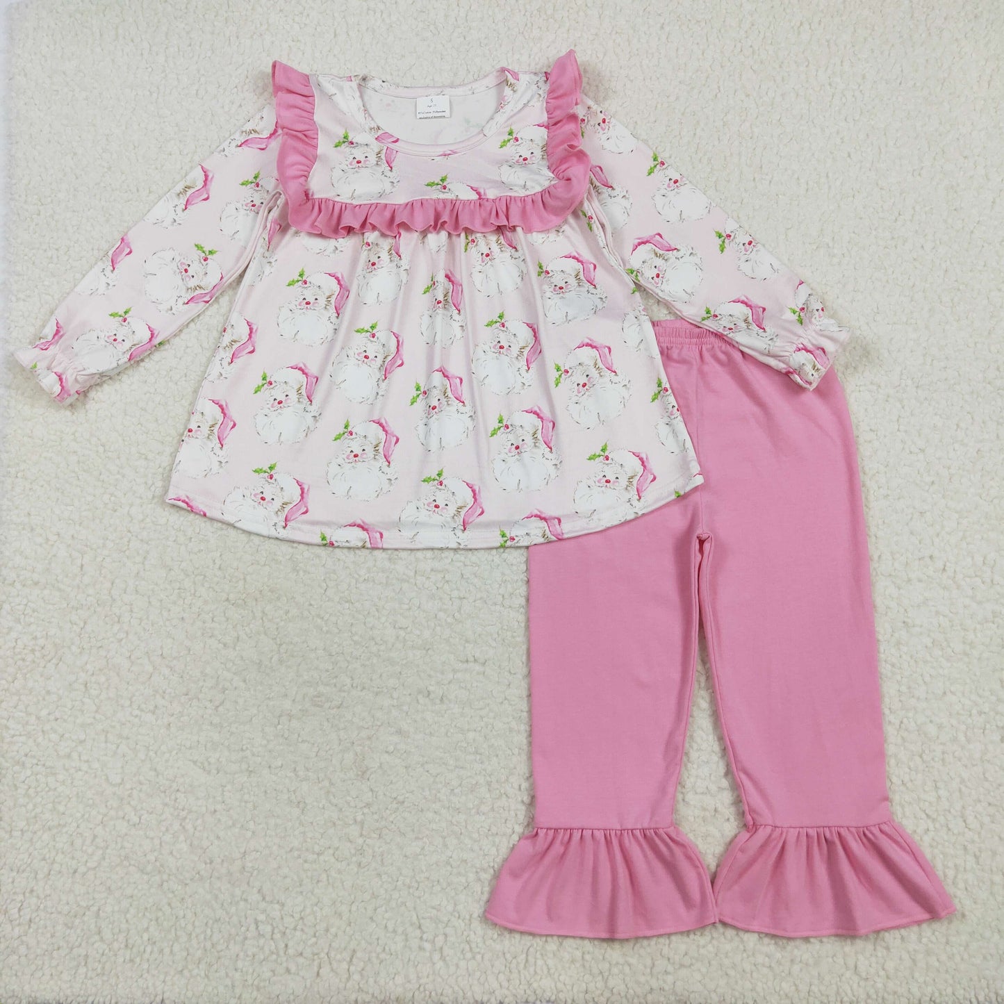 GLP2345 Baby Girls Long Sleeves Pink Santa Tunic Ruffle Pant Set