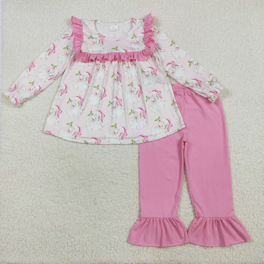 GLP2345 Baby Girls Long Sleeves Pink Santa Tunic Ruffle Pant Set