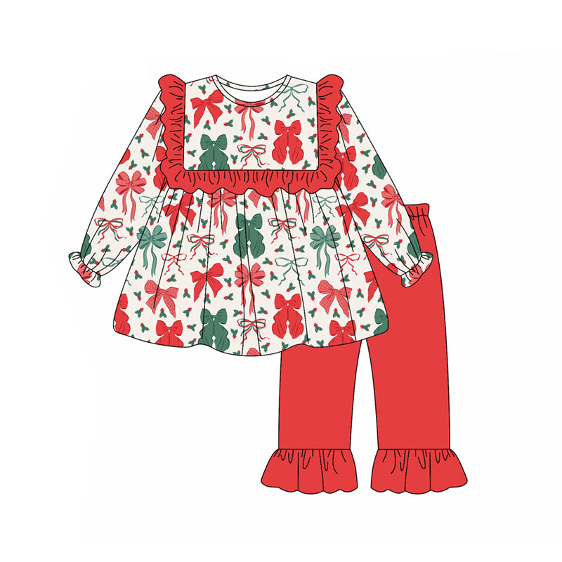 GLP2346  Baby Girls Long Sleeves Red Green Bows Tunic Ruffle Pant Set D 7.14