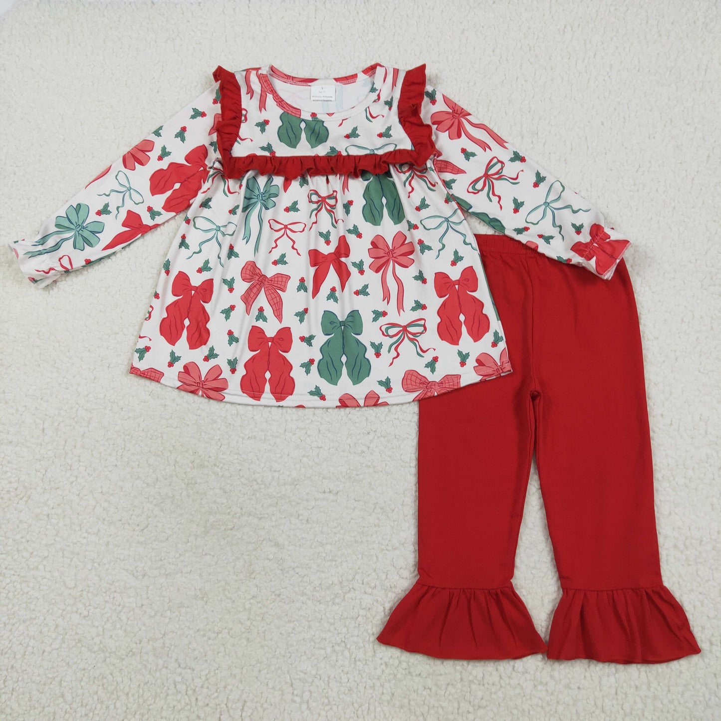 GLP2346  Baby Girls Long Sleeves Red Green Bows Tunic Ruffle Pant Set D 7.14