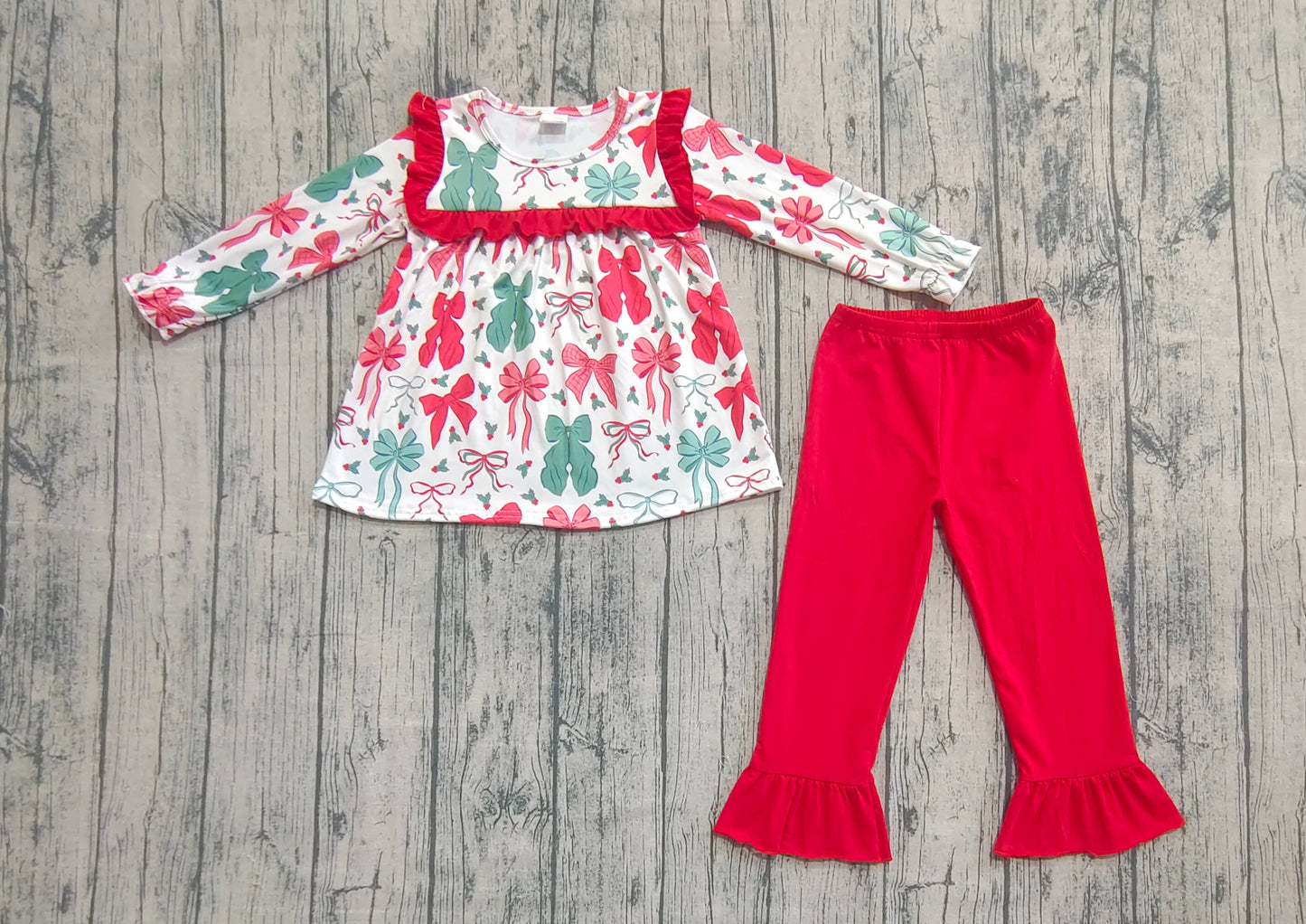 GLP2346  Baby Girls Long Sleeves Red Green Bows Tunic Ruffle Pant Set D 7.14
