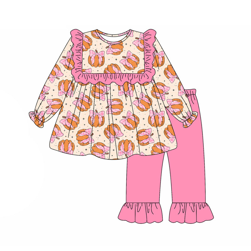 presale GLP2348  Baby Girls Long Sleeves Pink Bows Pumpkins Tunic Ruffle Pant Set D 8.6