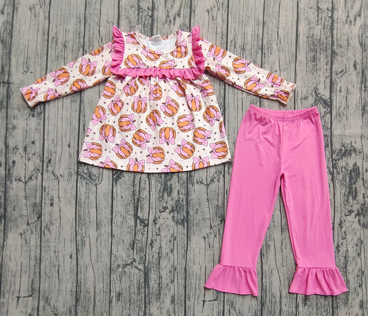 presale GLP2348  Baby Girls Long Sleeves Pink Bows Pumpkins Tunic Ruffle Pant Set D 8.6
