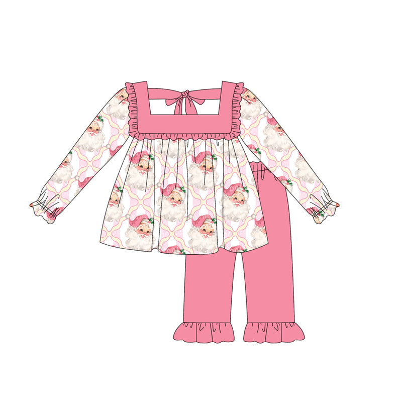 presale GLP2349 Baby Girls Long Sleeves Pink Santa Plaid Tunic Ruffle Pant Set  D 5.15
