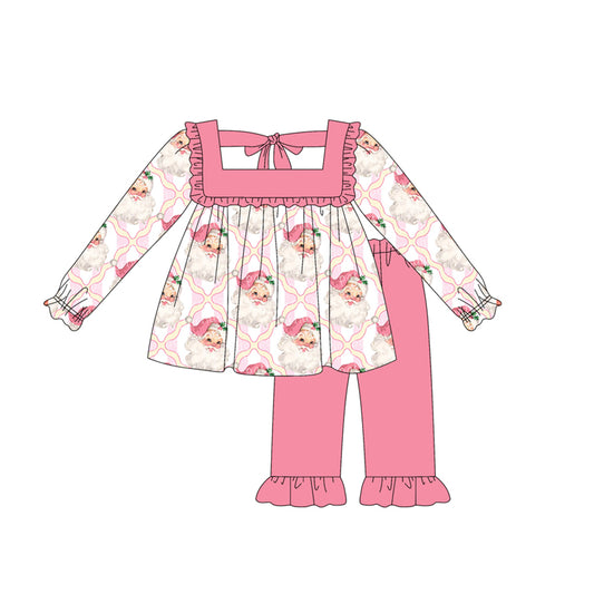 presale GLP2349 Baby Girls Long Sleeves Pink Santa Plaid Tunic Ruffle Pant Set  D 5.15