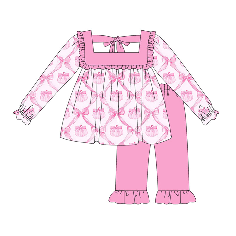 presale GLP2351 Long sleeves pink ruffle pumpkin bow girls fall clothing set D 5.15