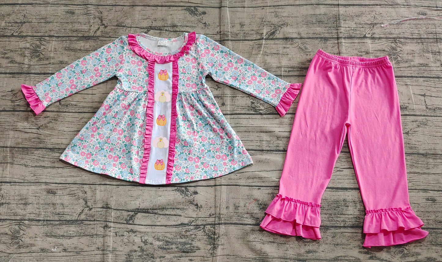GLP2352  Pink floral pumpkin turkey tunic pants girls fall clothes D 6.24