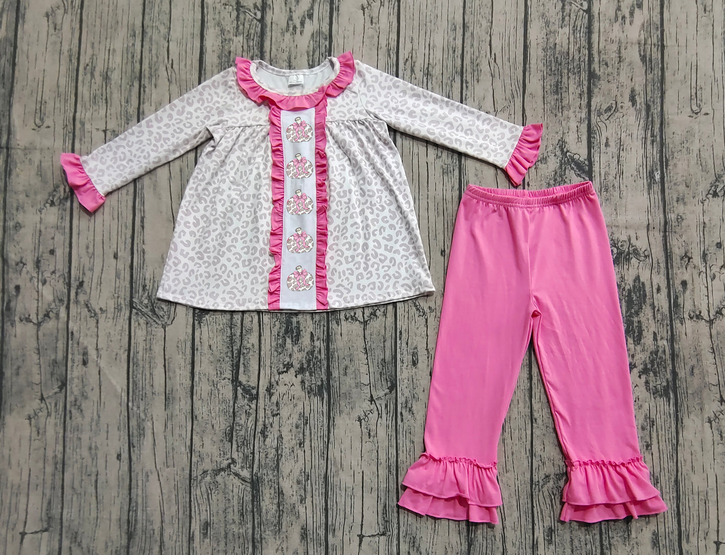 GLP2353 Embroidery Pumpkins Baby Girls Pink Leopard Tunic Ruffle Pants Fall Set D 7.8
