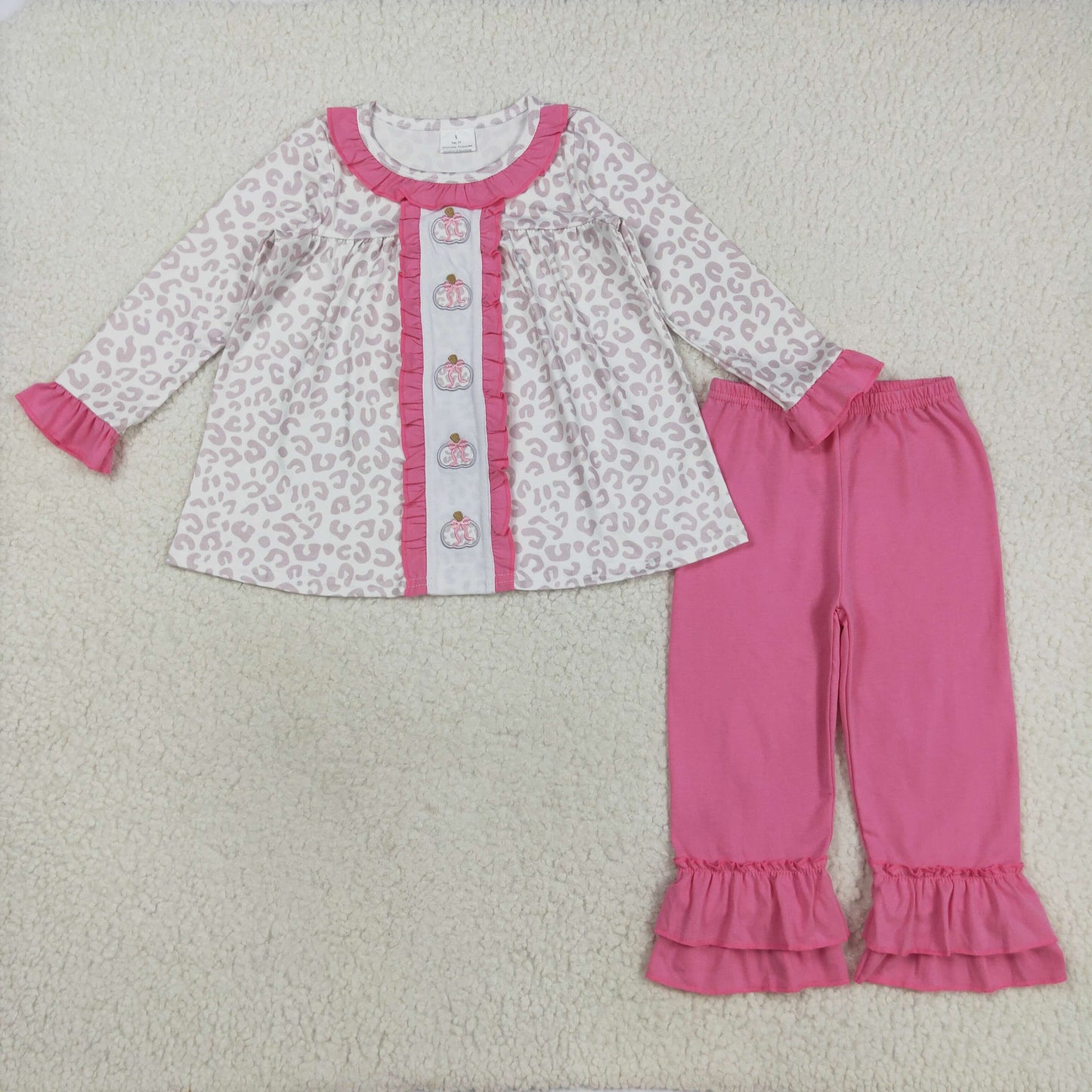 GLP2353 Embroidery Pumpkins Baby Girls Pink Leopard Tunic Ruffle Pants Fall Set