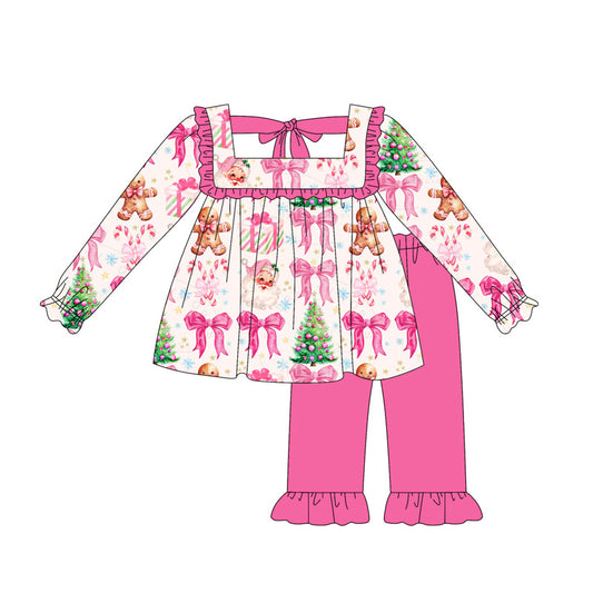 presale GLP2354 Long sleeves pink bow santa tunic pants girls Christmas set D 5.15