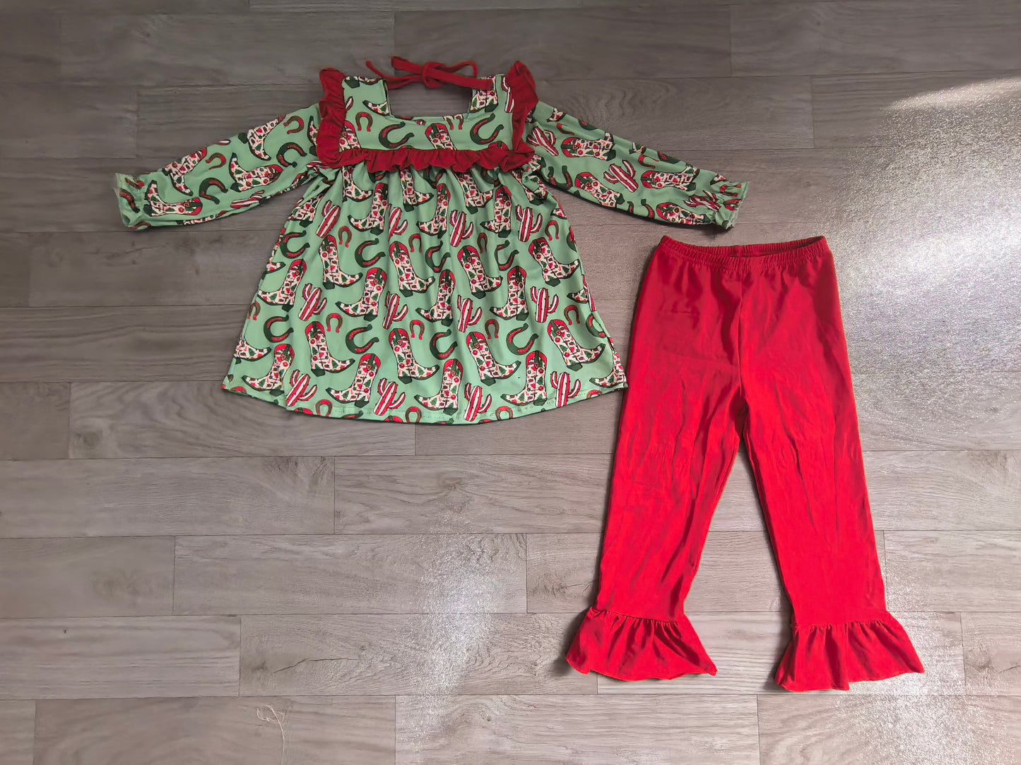 Pre order Christmas cowgirl boots ruffle pants set girl outfit