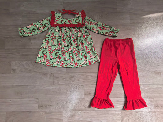 Pre order Christmas cowgirl boots ruffle pants set girl outfit