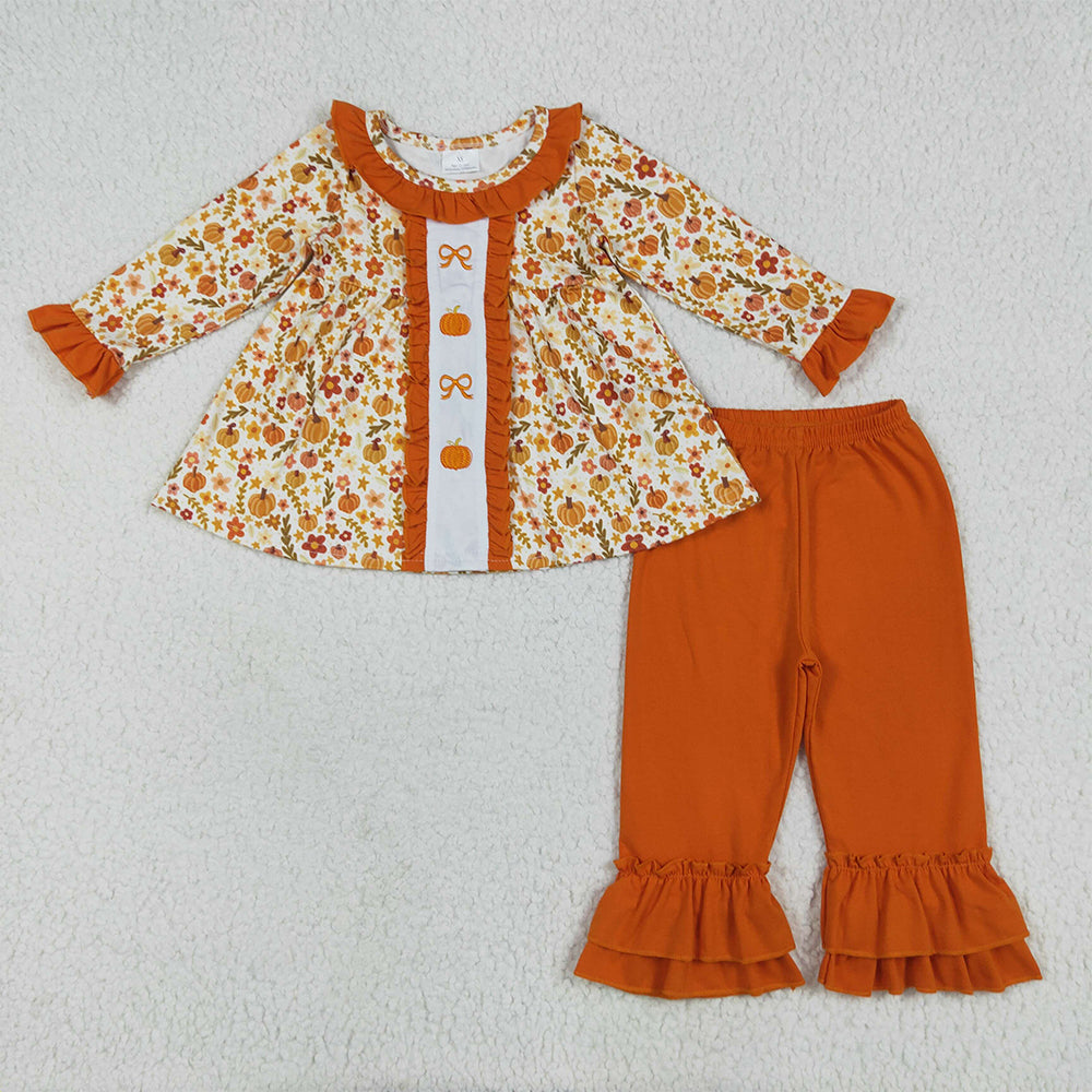 GLP2361  Embroidery Baby Girls Fall Flowers Bows Pumpkins Tunic Ruffle Pants Sets D 6.24