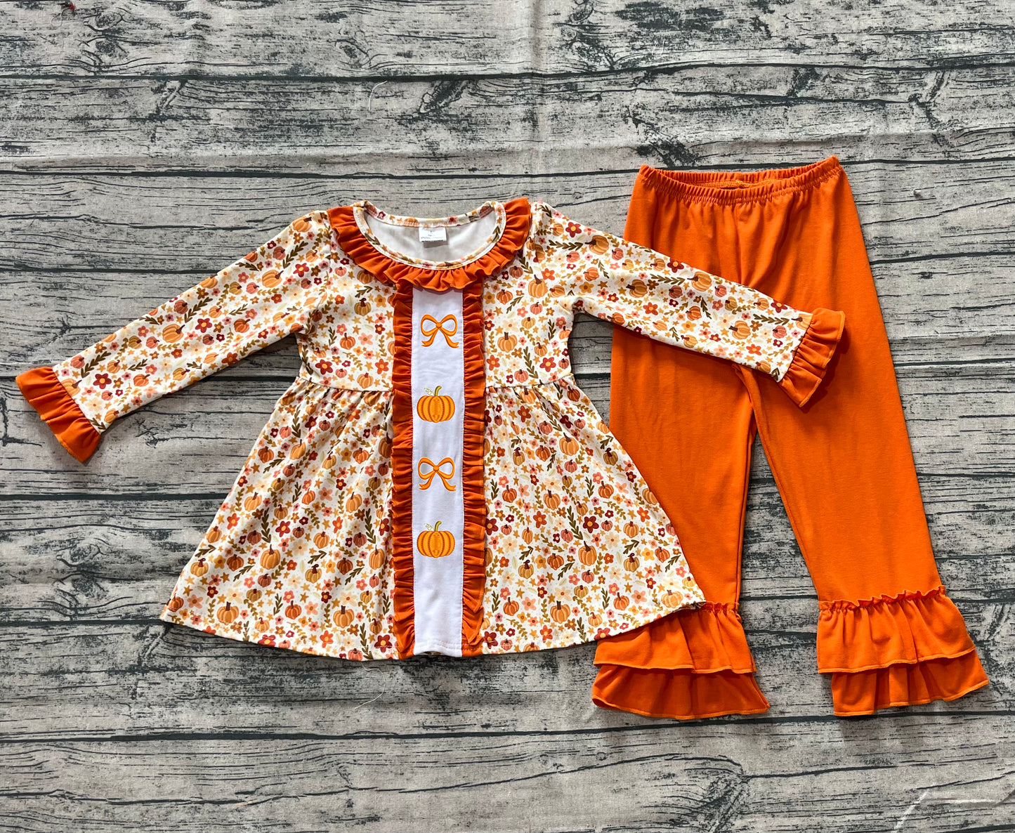 GLP2361  Embroidery Baby Girls Fall Flowers Bows Pumpkins Tunic Ruffle Pants Sets D 6.24