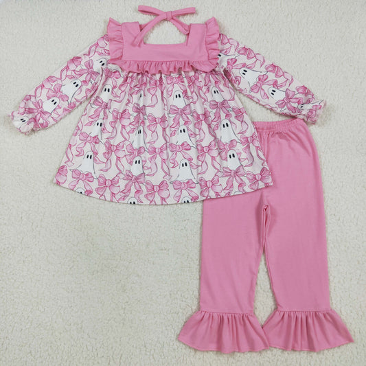 GLP2362  Baby Girls Halloween Ghost Bow Pattern Pink Lace Tie Long Sleeve Pants Set