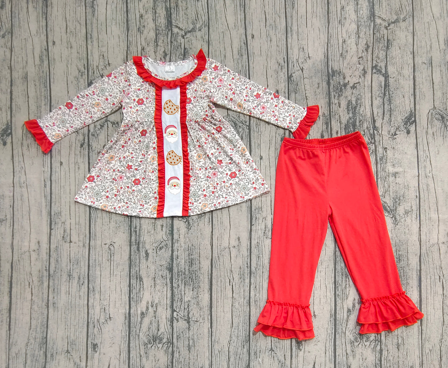 GLP2365 Floral santa cookie tunic pants girls Christmas outfits  D 815