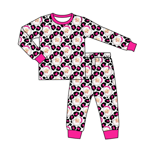 presale GLP2366 Long sleeves pink leopard santa kids girls Christmas pajamas  D 5.16