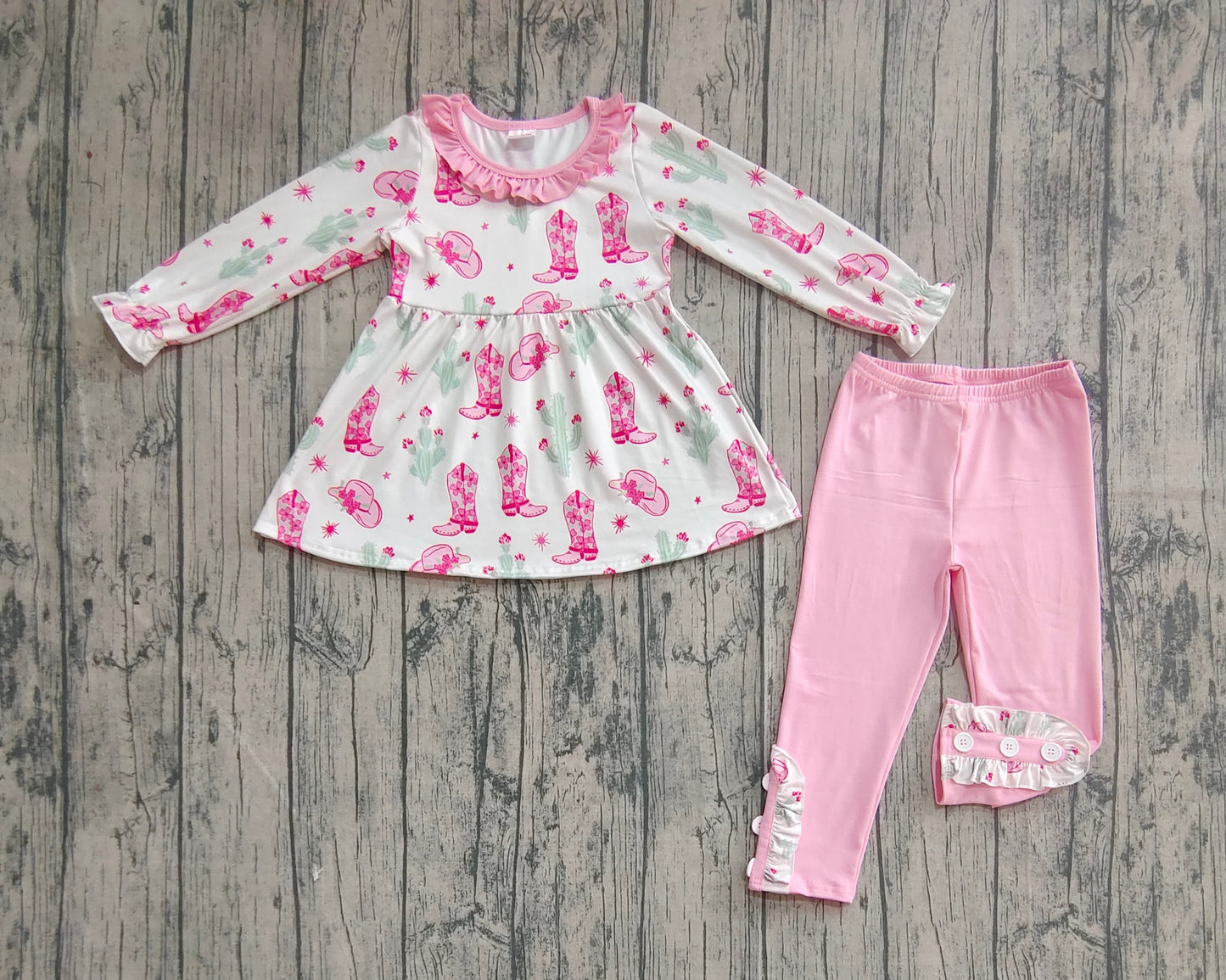GLP2367 Baby Girls Long Sleeves Pink Boots Cactus Tunic Legging Pants Set  D 828