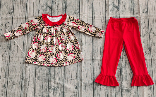 presale GLP2369 Baby Girls Long Sleeves Leopard Santa Tunic Ruffle Pants Set D 5.26