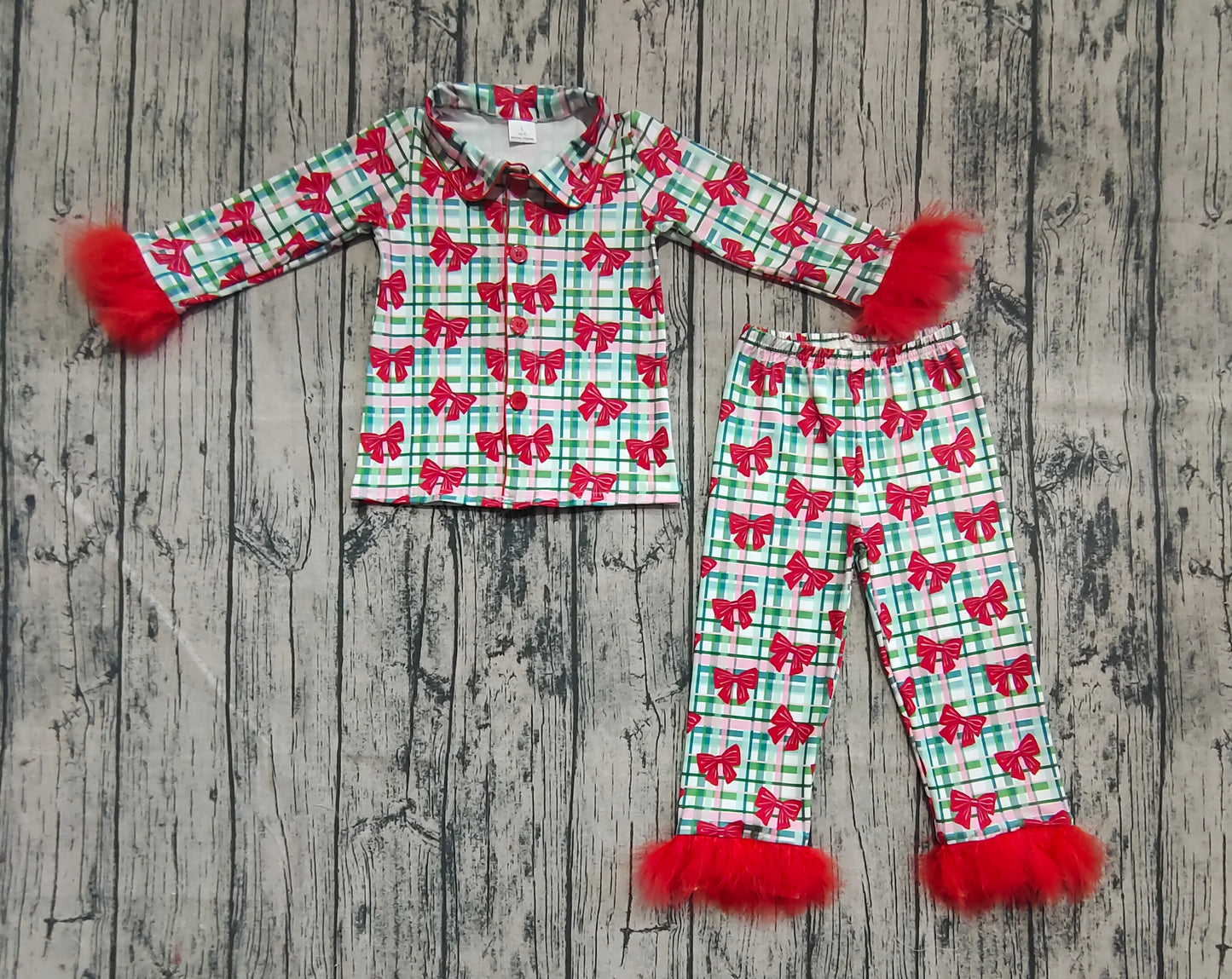 GLP2372  Baby Girls Red Long Sleeves With Fur Bows Plaid Button Top Pants Pajamas Set  D 6.5