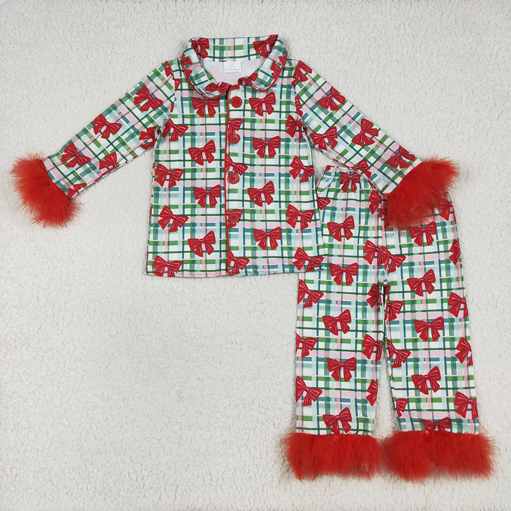 GLP2372  Baby Girls Red Long Sleeves With Fur Bows Plaid Button Top Pants Pajamas Set  D 6.5