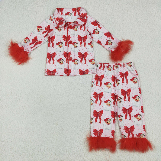 GLP2373 Baby Girls Red Christmas Fur Bows Santa Button Top Pants Pajamas Sets