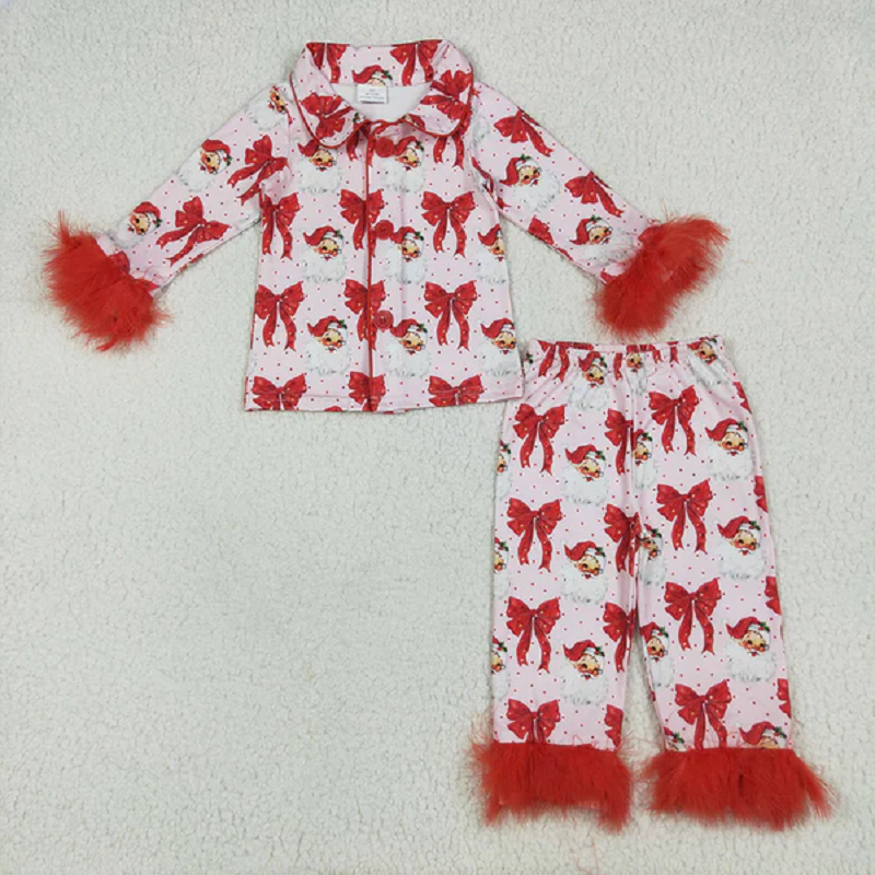 Sibling Baby Girls Christmas Fur Sleeve Bows Buttons Top Pants Pajamas Sets
