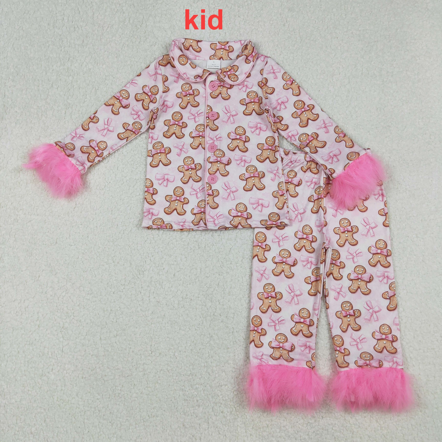 Mama and Me Pink Bows Gingerbread Button Top Pants Christmas Fur Pajamas Sets D 1018