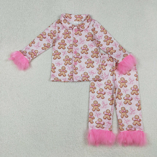 GLP2374 Baby Girls Pink Fur Sleeves Bows Gingerbread Button Top Pants Christmas Pajamas Set  D 1018